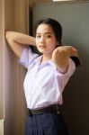 Portrait Of Thai High School Student Uniform Teen Beautiful Girl Happy And Relax, Stock Photo