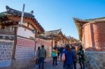 Seoul,korea - March 23: Tourists Taking Photos Of The Beautiful Scenery Around Bukchon Hanok Village,traditional Korean Style Architecture, Photo Taken March 23,2015 In Seoul, South Korea Stock Photo