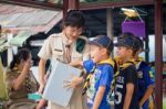 Student 9-10 Years Old, Scout In Adventure Activities, Scout Camp School Bangkok Thailand Stock Photo