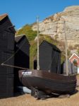 Fishermen's Sheds And Boat  In Hastings Stock Photo