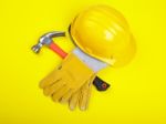 Hard Hat Hammer And Leather Glovesc Stock Photo