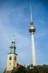 View Towards The Berliner Fernsehturm In Berlin Stock Photo