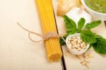 Italian Traditional Basil Pesto Pasta Ingredients Stock Photo