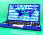 Virtual World Words On Laptop Showing Global Internet Stock Photo