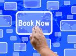 Book Now Touch Screen Shows Hotel Or Flights Reservation Stock Photo