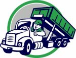 Roll-off Bin Truck Driver Thumbs Up Circle Cartoon Stock Photo