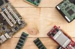 Motherboard And Pc Components Over A Wood Background For A Iot O Stock Photo