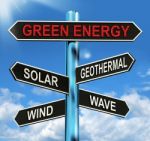 Green Energy Signpost Means Solar Wind Geothermal And Wave Stock Photo