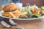 Deep Fried Chicken Meat With Organic Salad Stock Photo