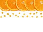 Fresh Orange Slice And Small Pieces On White Background, With Co Stock Photo