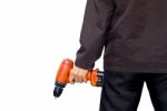 Man Holding Portable Screwdriver Machine Stock Photo