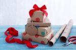 Presents With Wrapping Paper And Ribbon Stock Photo