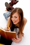 Top View Of Smiling Woman Studying Stock Photo