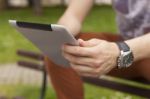 Man Use Tablet Reading News And Communicate On Social Networks Stock Photo