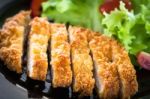 Deep Fried Breaded Pork Rice With Salad Stock Photo