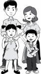 Happy Family With Two Children, Cartoon - Grayscale Stock Photo