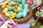 Easter Nest With Colored Wooden Eggs Stock Photo