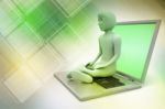 3d Man In Meditation With Laptop Stock Photo