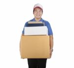 Delivery Man Carrying Container Box Toothy Smiling Face Isolated White Background Stock Photo