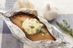 Baked Potato Butter Herb Tasty Closeup Stock Photo