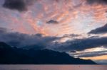 Sunset Over Lake Geneva At Montreux Stock Photo