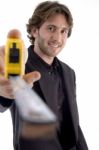 Male Showing Measuring Tape Stock Photo