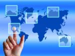 World Map Finger Shows Worldwide Communication And Global Cybers Stock Photo