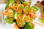 Shrimps And Vegetables Skewers Stock Photo