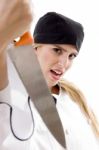 Female Chef Holding Knife Stock Photo