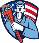 Plumber Holding Wrench Usa Flag Shield Retro Stock Photo