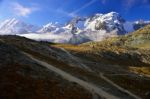 The Hiker Are Walking From Rotenboden Station Toriffelsee Lake Stock Photo