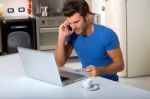 Man Breakfast With Laptop Stock Photo