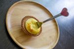 Portuguese Egg Tart On A Wood Dish Stock Photo