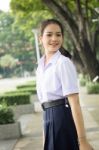 Portrait Of Thai High School Student Uniform Teen Beautiful Girl Happy And Relax, Stock Photo