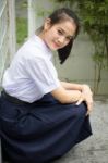 Portrait Of Thai High School Student Uniform Teen Beautiful Girl Happy And Relax, Stock Photo