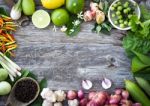 Ingredient Spices On Grain Wood Background Stock Photo