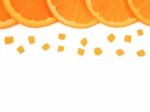 Fresh Orange Slice And Small Pieces On White Background, With Co Stock Photo