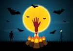 Halloween Blood Hand Bonfire Zombie Moon Bat Tree  Stock Photo