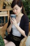 Portrait Of Thai Adult Women Office Beautiful Girl Drinking Coffee Stock Photo