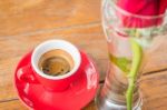 Hot Espresso Serving On Wooden Table Stock Photo