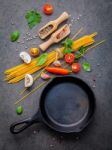 Italian Food And Menu Concept. Spaghetti With Ingredients Sweet Stock Photo