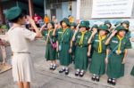 Student 9-10 Years Old, Scout Assembly, Scout Camp In Bangkok Thailand Stock Photo