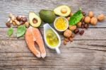 Selection Food Sources Of Omega 3 And Unsaturated Fats. Superfoo Stock Photo