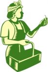 Female Fruit Picker Worker Basket Woodcut Stock Photo