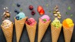 Various Of Ice Cream Flavor In Cones Blueberry ,strawberry ,pist Stock Photo