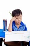 Sadness Boy Sitting And Boring Stock Photo