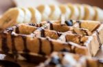 Delicious Sweet Dessert : Homemade Waffle With Chocolate Sauce , Stock Photo