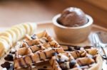 Belgian Waffles With Fruit And Chocolate, Forest Fruit, All Home Stock Photo