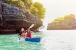 Mother And Daughter Travel By Kayak Stock Photo