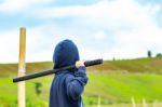 Portrait Of A Boy Holding A Wooden Sword Play Stock Photo